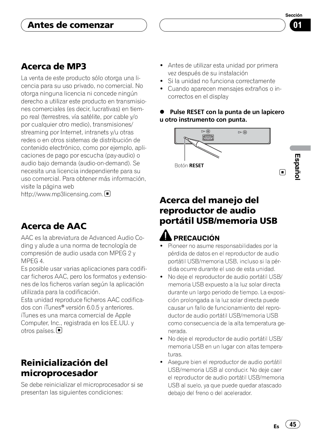 Pioneer CD-UB100 owner manual Antes de comenzar Acerca de MP3 Acerca de AAC, Reinicialización del microprocesador 