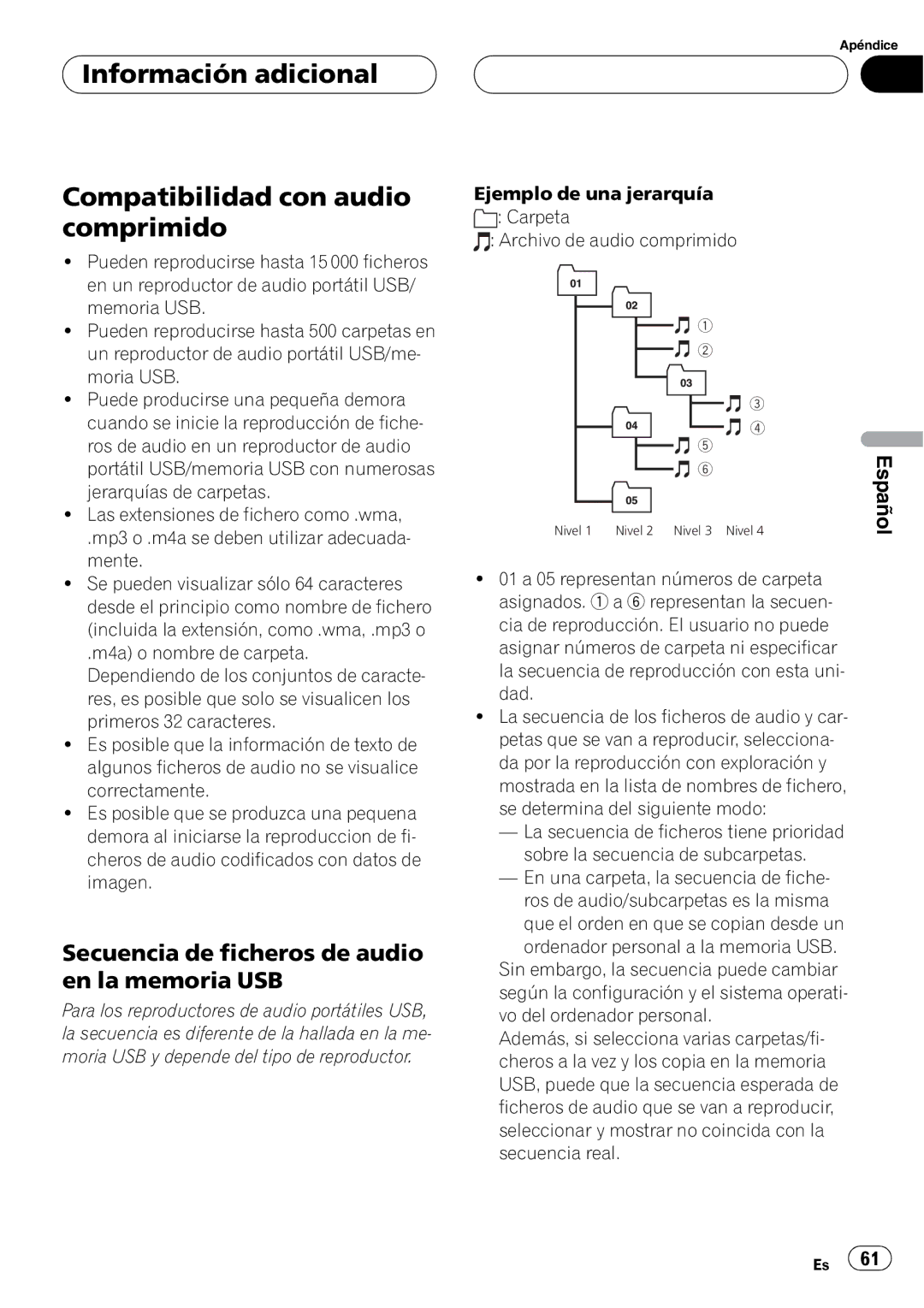 Pioneer CD-UB100 owner manual Información adicional Compatibilidad con audio comprimido 