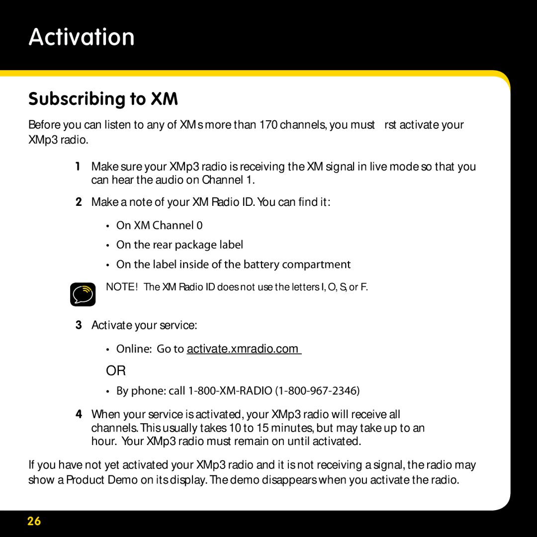 Pioneer CD-XMCASE1, CD-XMPCAR1, CD-XMHOME1, CD-XMHEAD1 manual Activation, Subscribing to XM, Online Go to activate.xmradio.com 