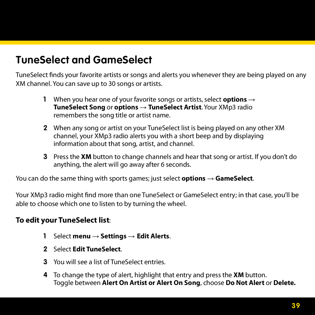 Pioneer CD-XMHEAD1, CD-XMPCAR1 manual TuneSelect and GameSelect, Select menu → Settings → Edit Alerts Select Edit TuneSelect 