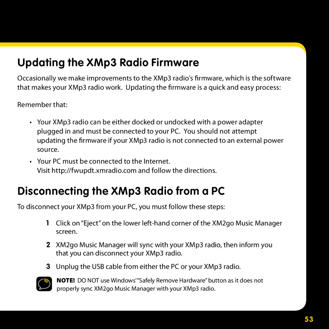 Pioneer CD-XMHOME1, CD-XMPCAR1, CD-XMCASE1 manual Updating the XMp3 Radio Firmware, Disconnecting the XMp3 Radio from a PC 