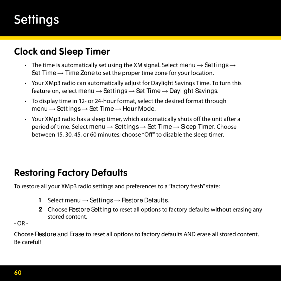 Pioneer CD-XMPCAR1 manual Clock and Sleep Timer, Restoring Factory Defaults, Select menu → Settings → Restore Defaults 