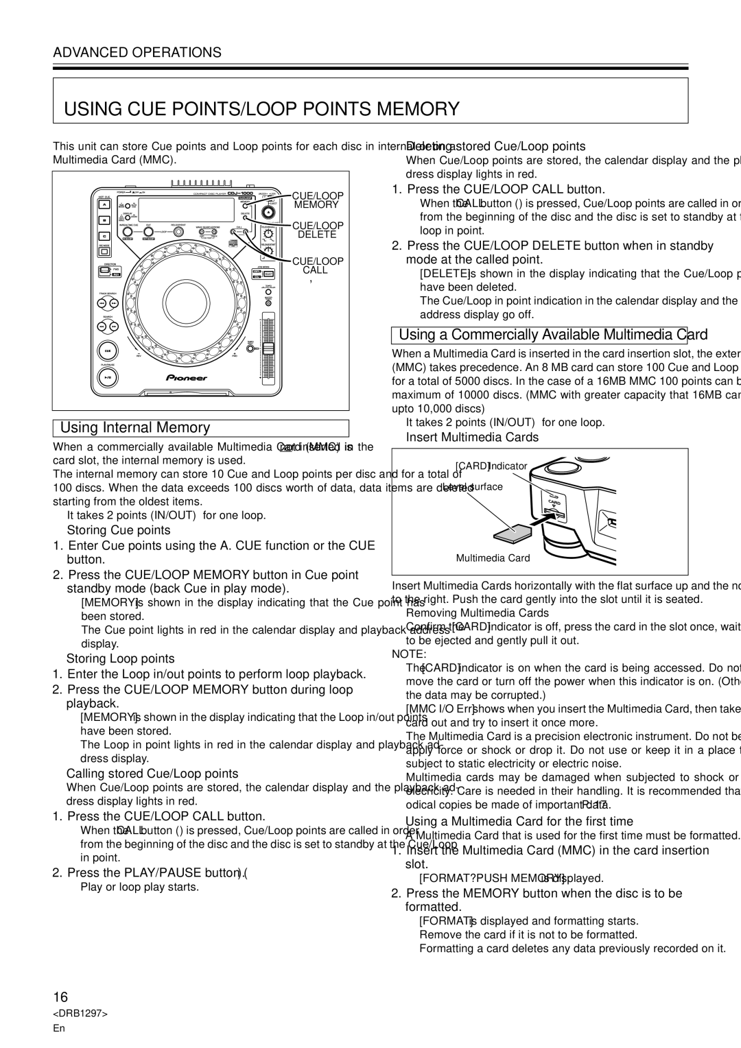 Pioneer CDJ-1000 operating instructions Using CUE POINTS/LOOP Points Memory, Using Internal Memory 