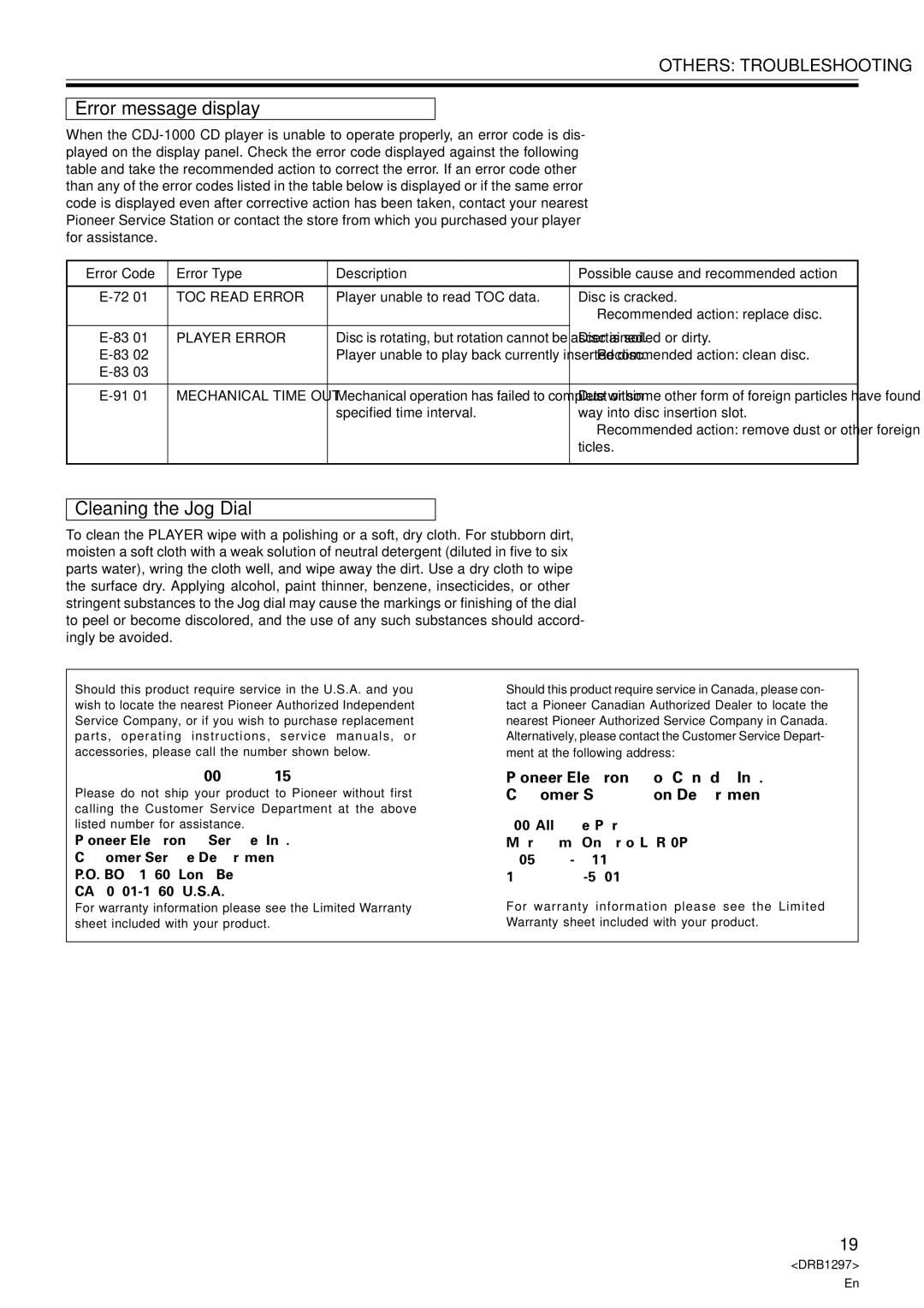 Pioneer CDJ-1000 Error message display, Cleaning the Jog Dial, =Recommended action clean disc, Ticles 