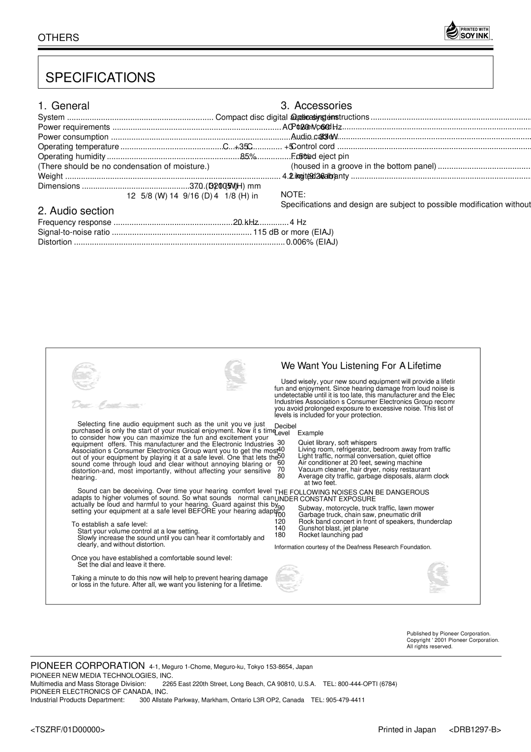 Pioneer CDJ-1000 operating instructions Specifications, General, Audio section, Accessories 