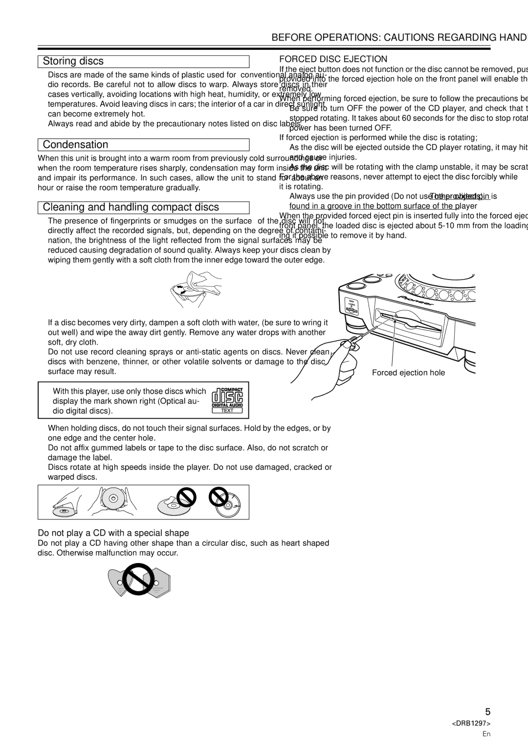 Pioneer CDJ-1000 Storing discs, Condensation, Cleaning and handling compact discs, Do not play a CD with a special shape 