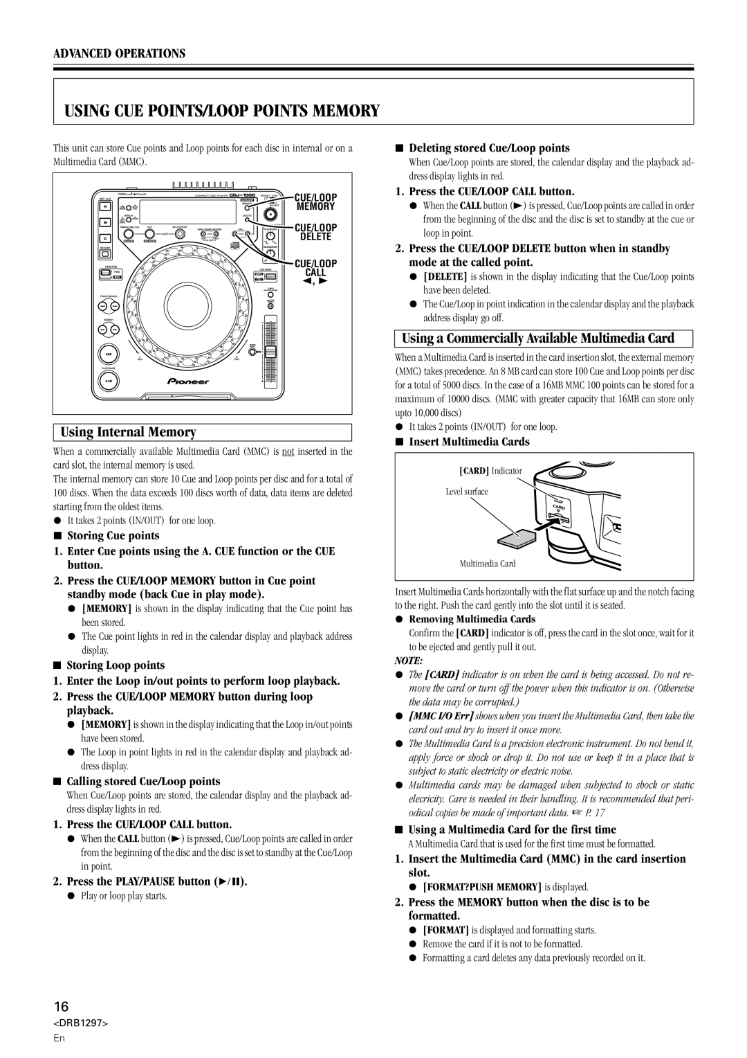 Pioneer CDJ-1000 operating instructions Using Cue Points/Loop Points Memory, Using Internal Memory, Advanced Operations 