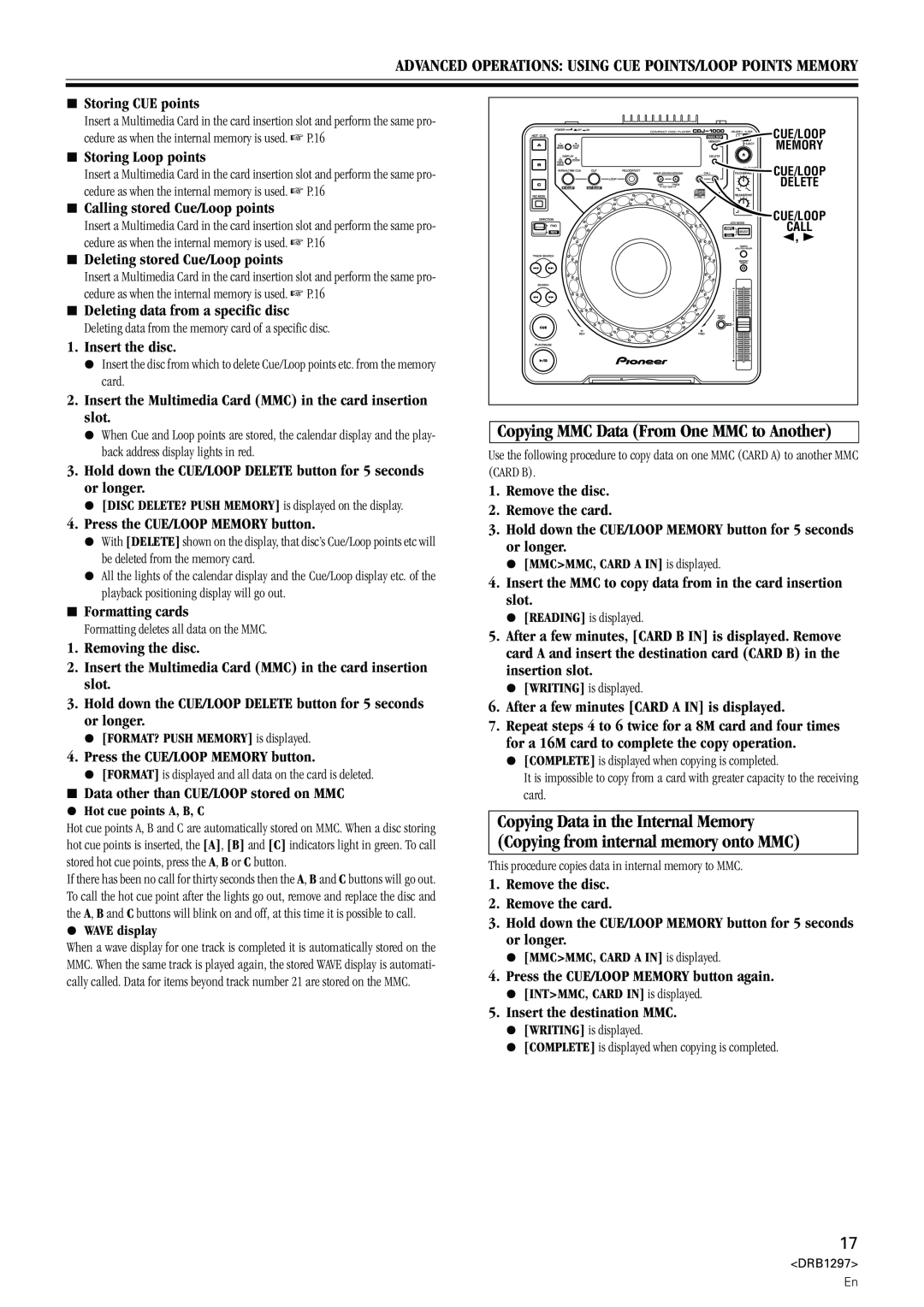 Pioneer CDJ-1000 operating instructions Copying MMC Data From One MMC to Another 