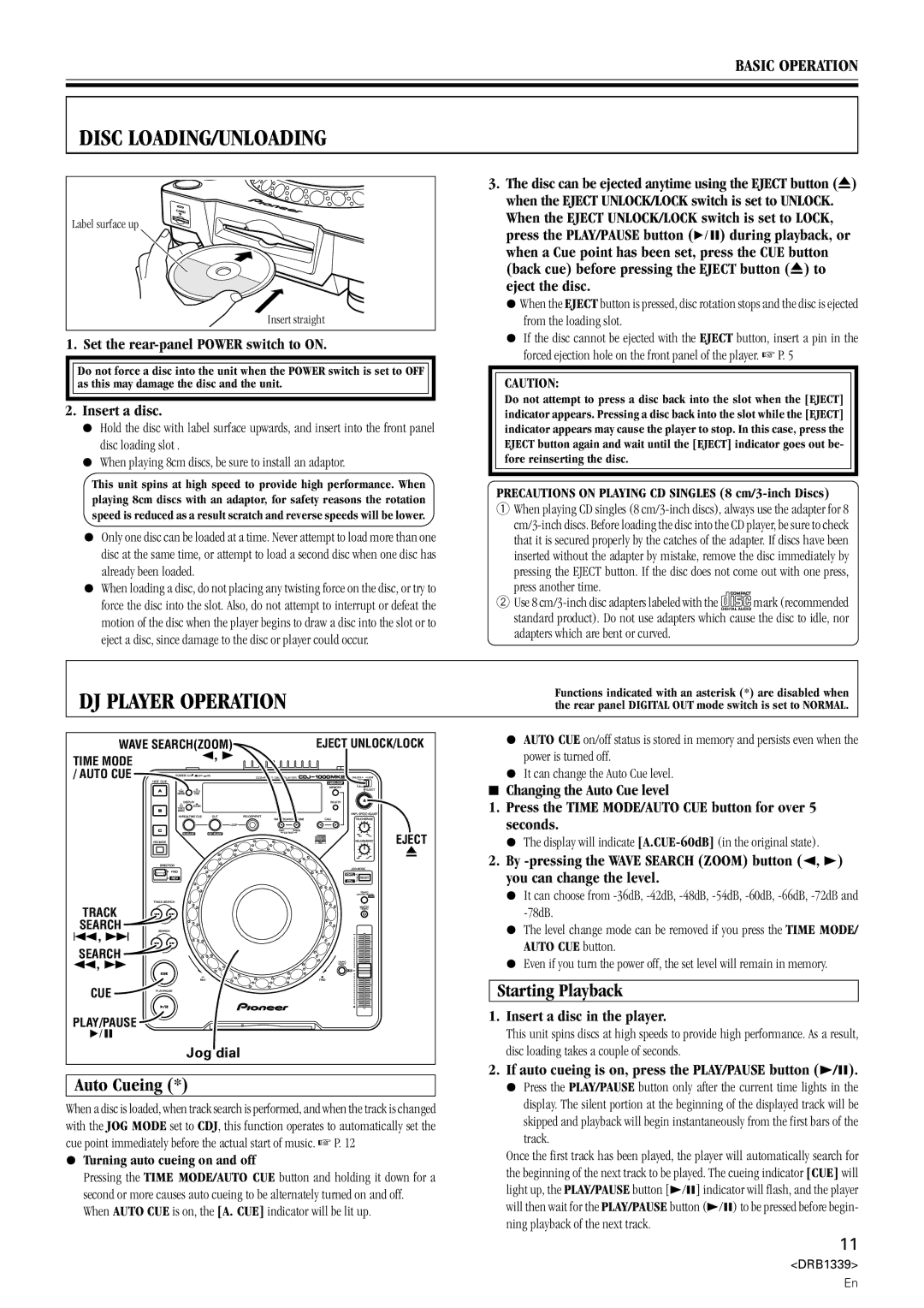 Pioneer CDJ-1000MK2 manual Disc LOADING/UNLOADING, DJ Player Operation, Auto Cueing, Starting Playback 