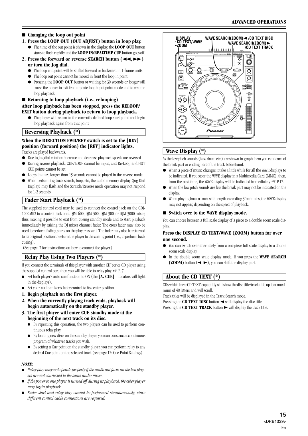 Pioneer CDJ-1000MK2 manual Reversing Playback, Fader Start Playback, Relay Play Using Two Players, Wave Display 