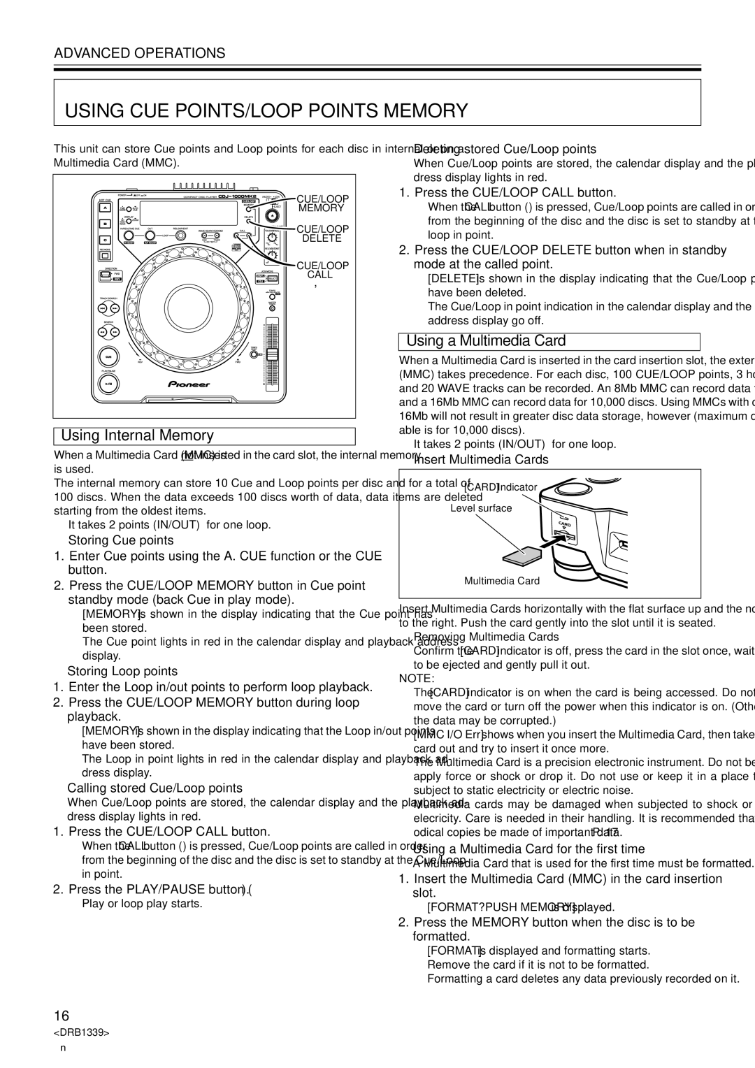 Pioneer CDJ-1000MK2 manual Using CUE POINTS/LOOP Points Memory, Using Internal Memory, Using a Multimedia Card 