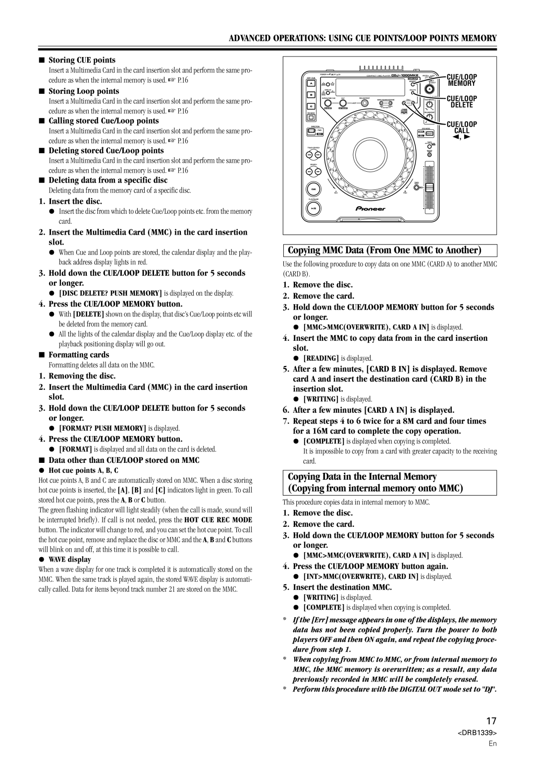 Pioneer CDJ-1000MK2 manual Copying MMC Data From One MMC to Another 