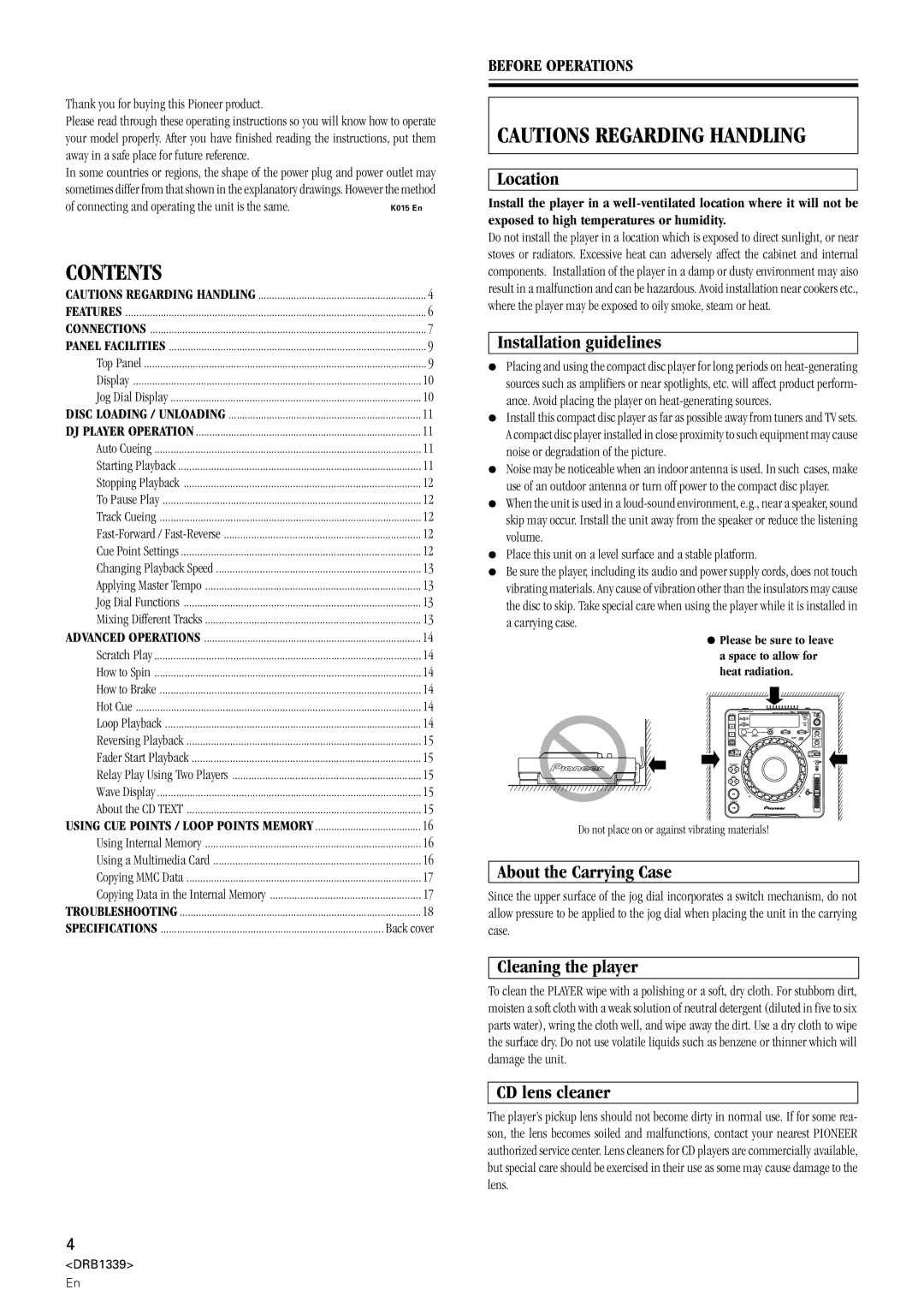 Pioneer CDJ-1000MK2 manual Contents 