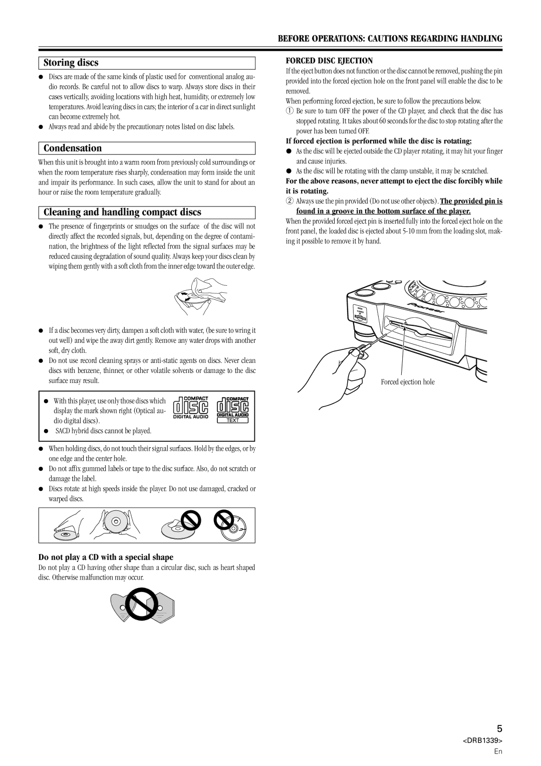 Pioneer CDJ-1000MK2 manual Storing discs, Condensation, Cleaning and handling compact discs 