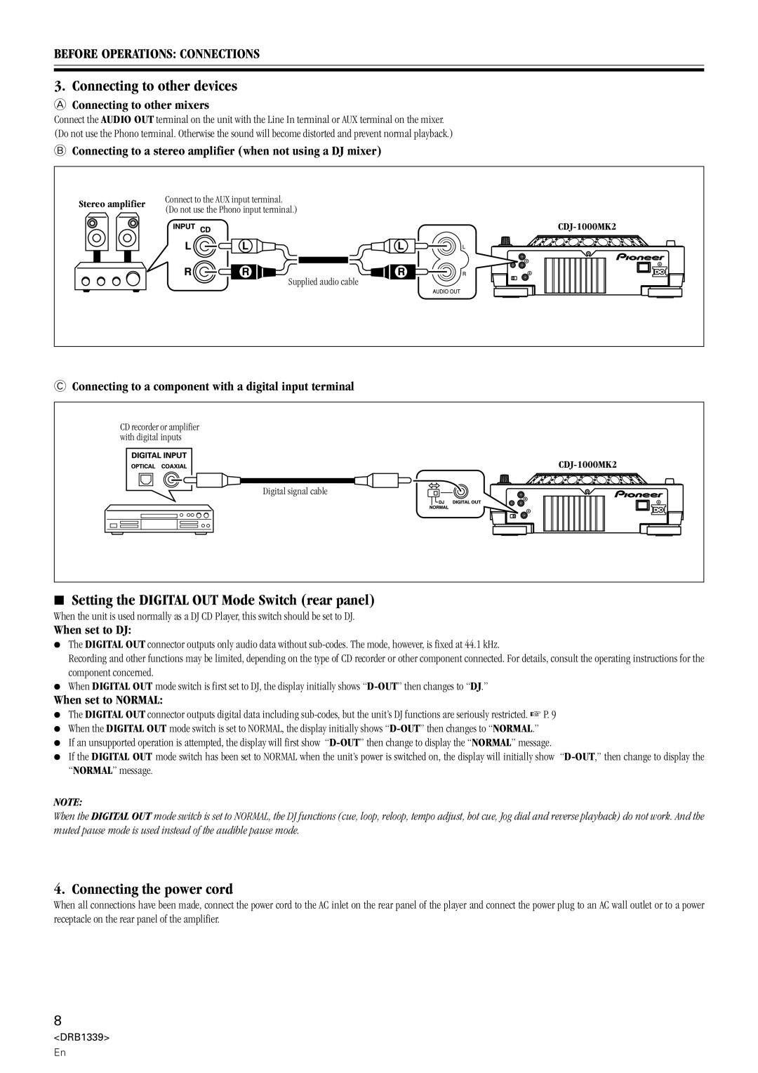 Pioneer CDJ-1000MK2 Connecting to other devices, Setting the Digital OUT Mode Switch rear panel, Connecting the power cord 