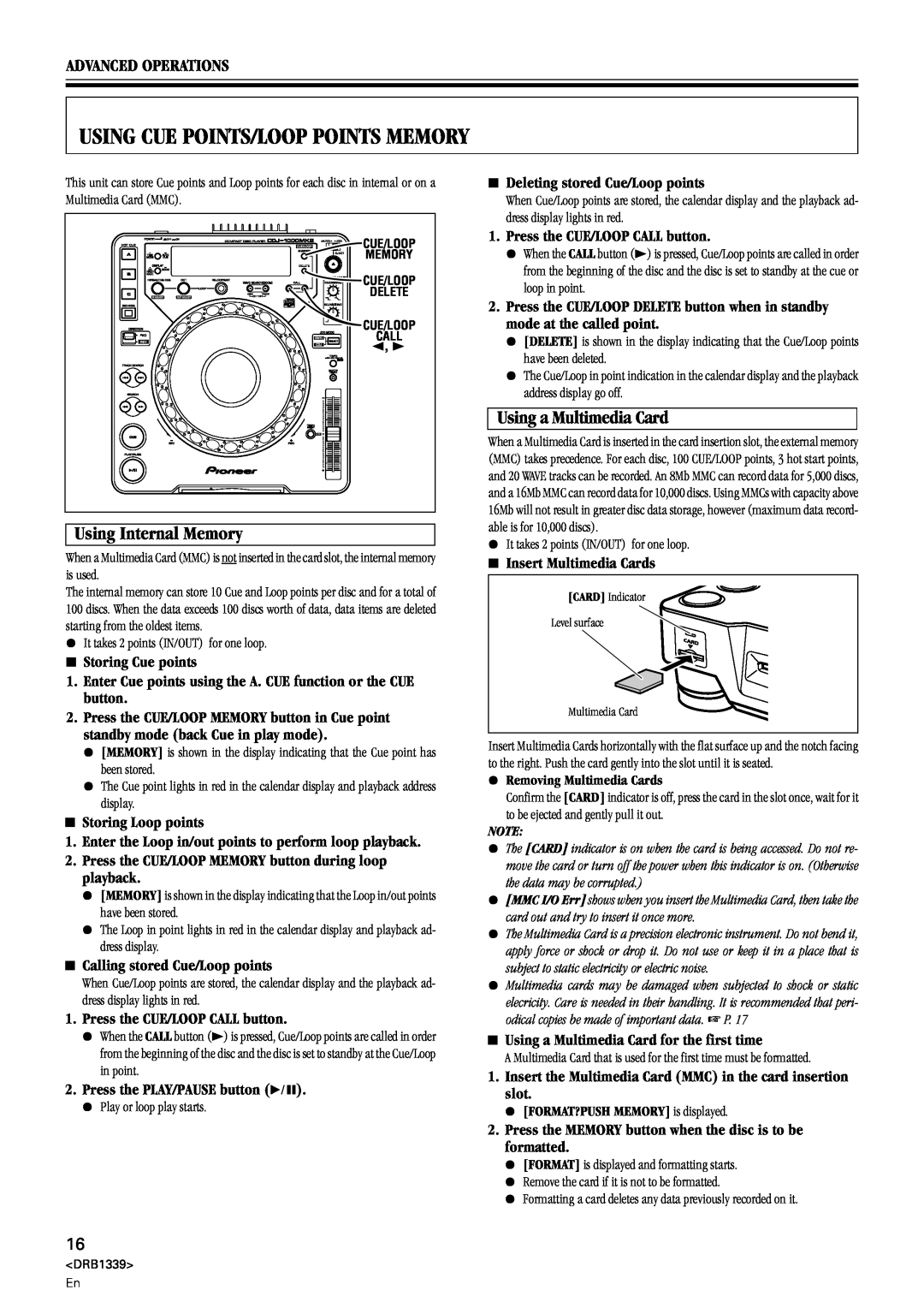 Pioneer CDJ-1000MK2 manual Using Cue Points/Loop Points Memory, Using Internal Memory, Using a Multimedia Card 