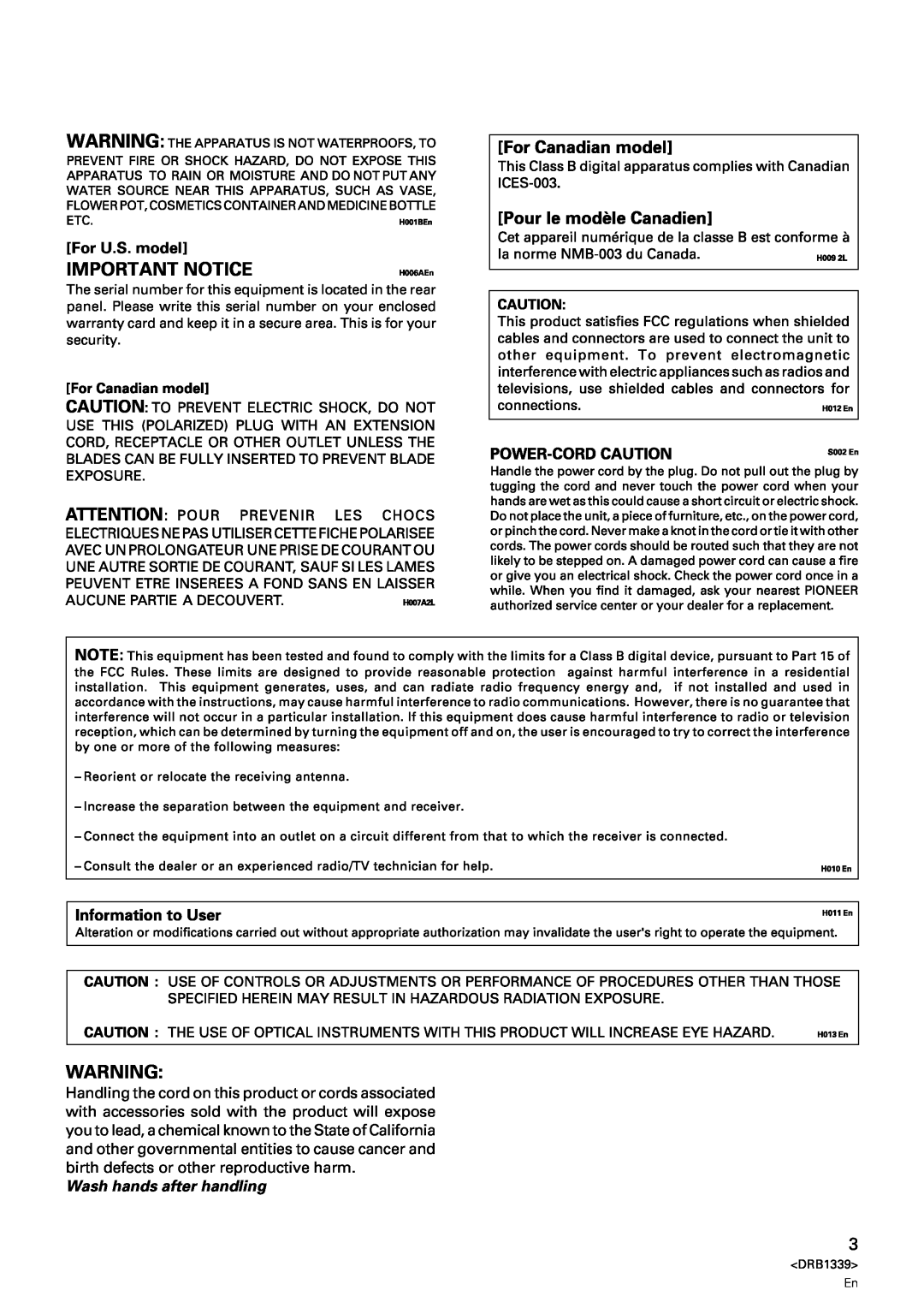 Pioneer CDJ-1000MK2 manual For U.S. model, Important Notice, Wash hands after handling 