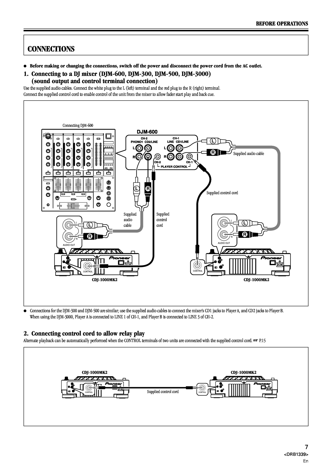 Pioneer CDJ-1000MK2 manual Connections, Connecting control cord to allow relay play, Before Operations 