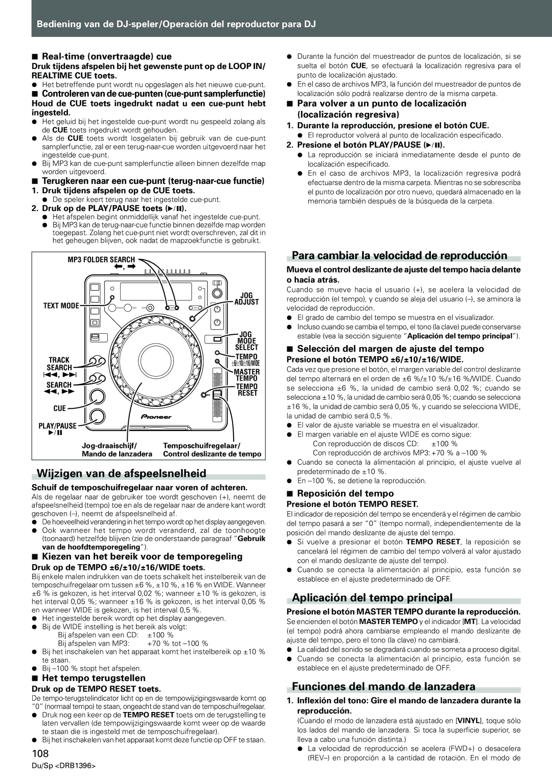 Pioneer CDJ-1000MK3 manual Wijzigen van de afspeelsnelheid, Para cambiar la velocidad de reproducción, 108 