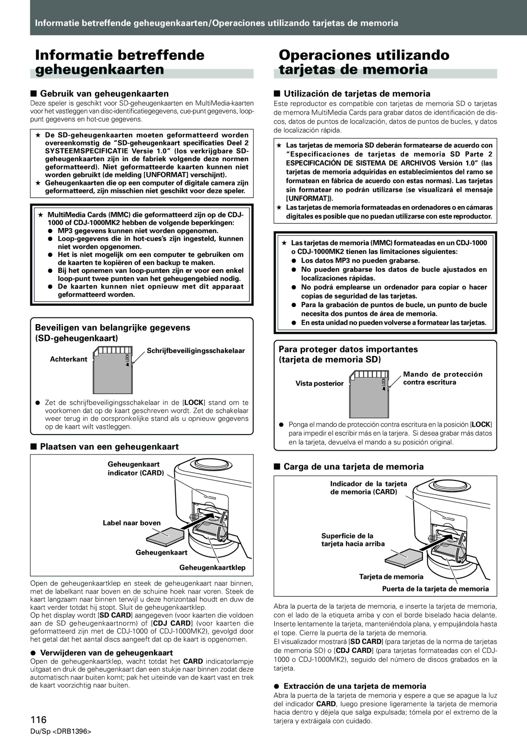 Pioneer CDJ-1000MK3 manual Informatie betreffende geheugenkaarten, Operaciones utilizando tarjetas de memoria, 116 