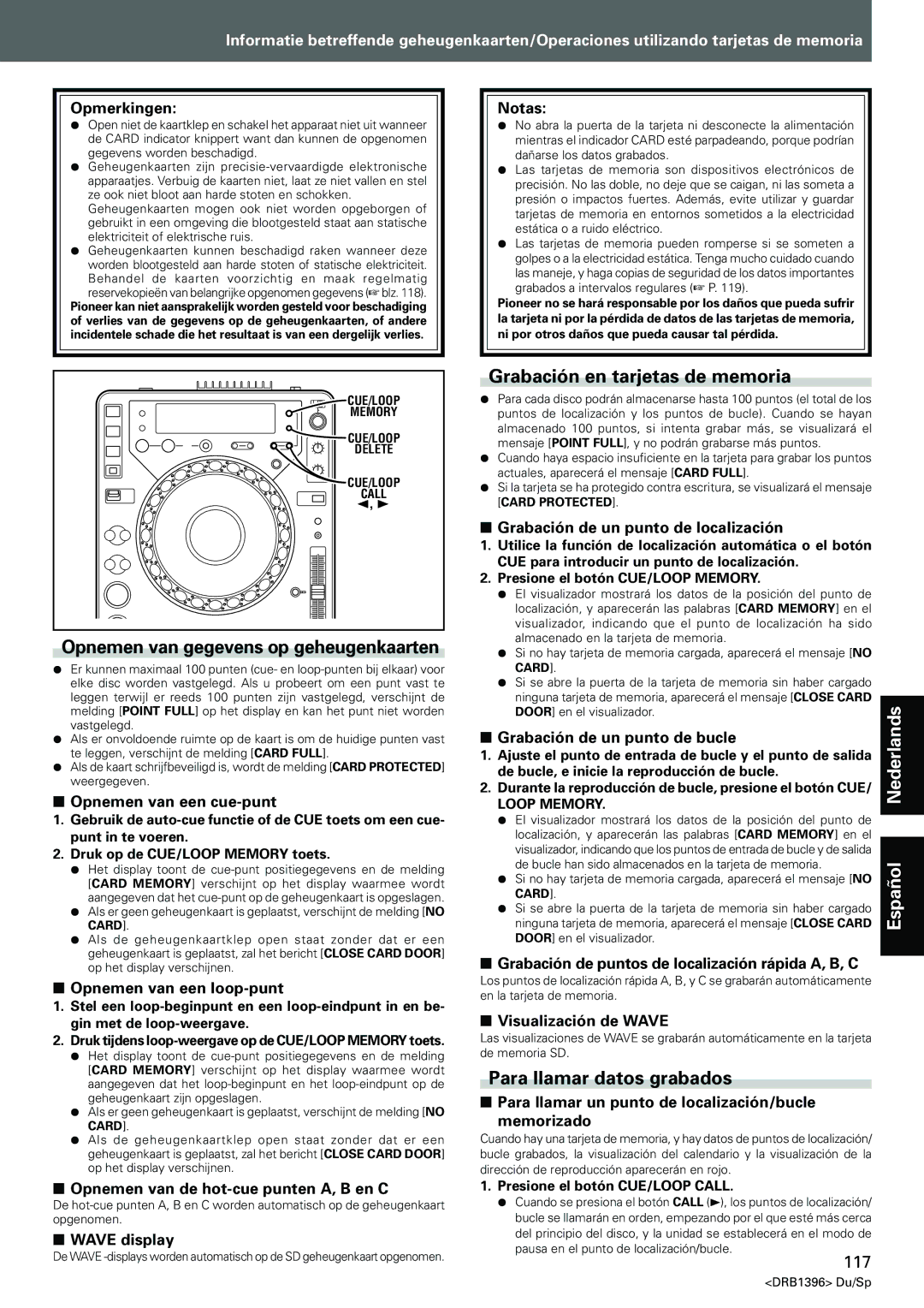 Pioneer CDJ-1000MK3 Opnemen van gegevens op geheugenkaarten, Grabación en tarjetas de memoria, Para llamar datos grabados 