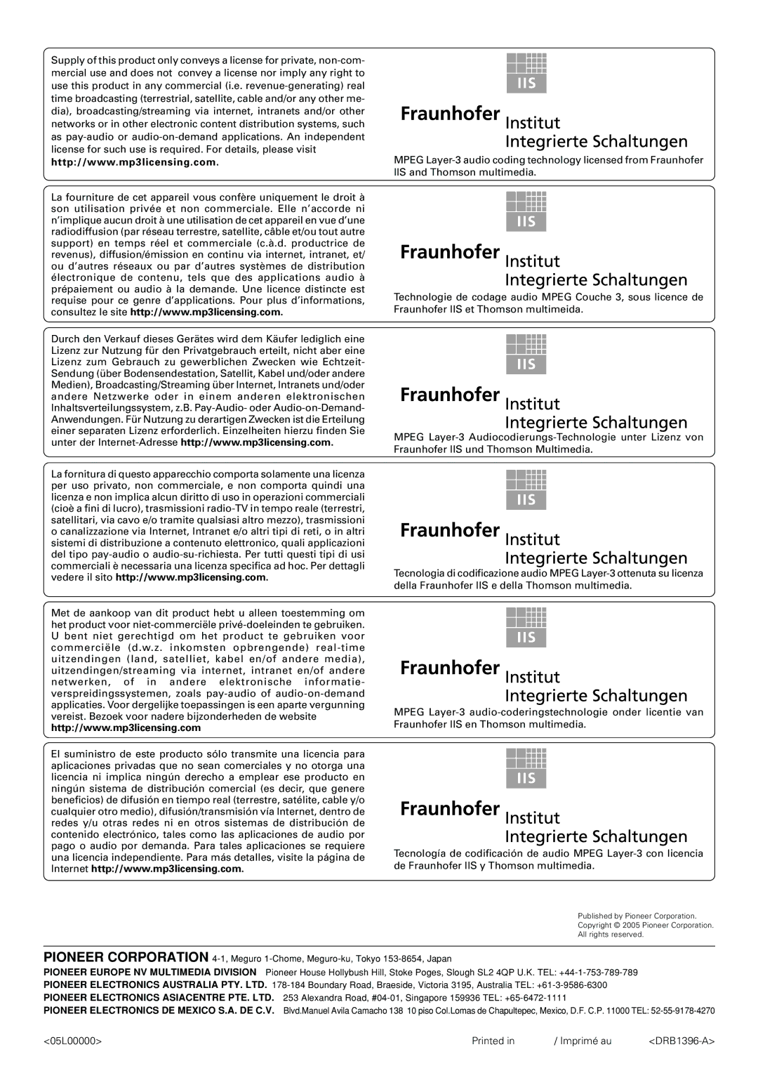 Pioneer CDJ-1000MK3 manual 05L00000 Printed Imprimé au DRB1396-A 