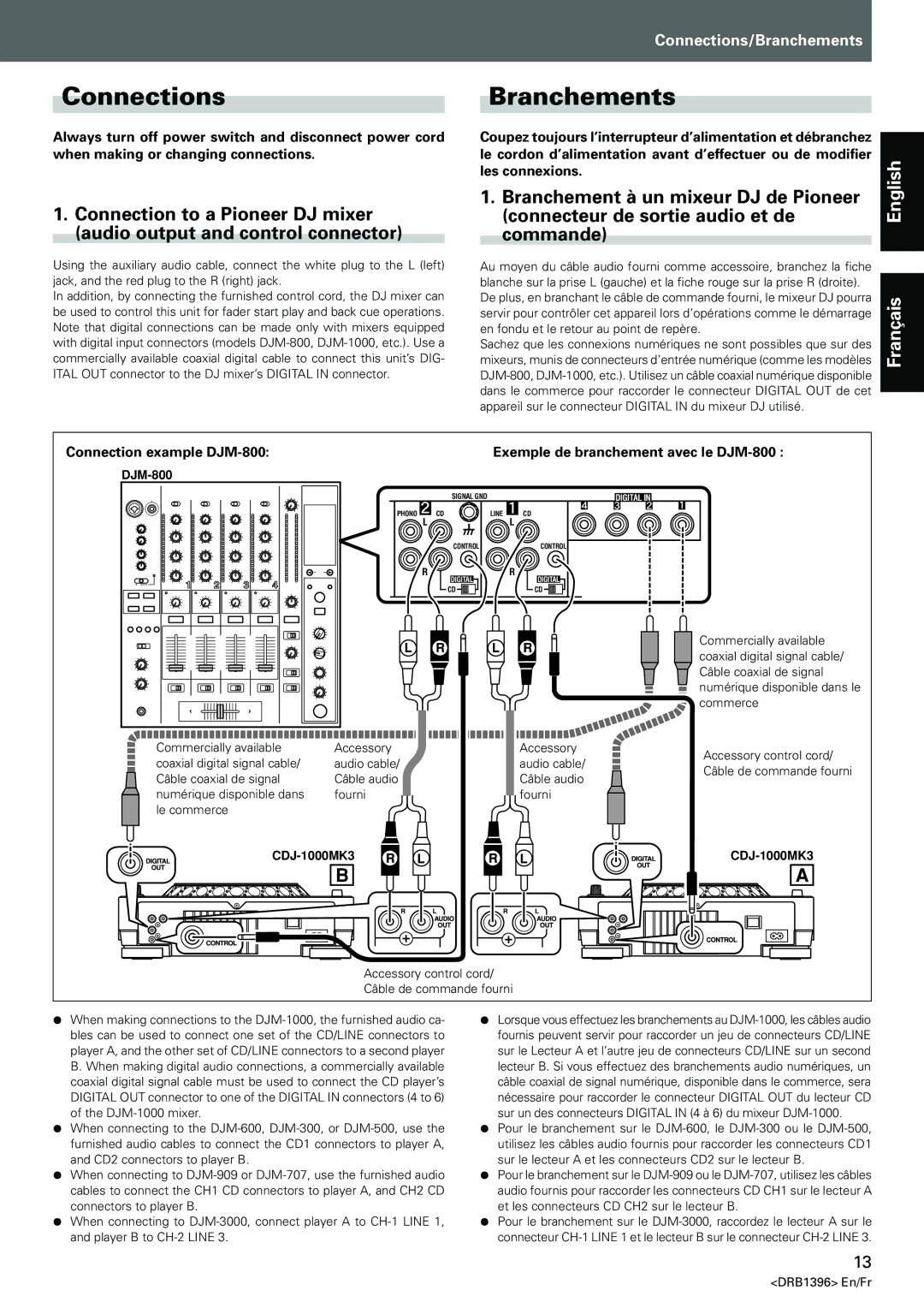 Pioneer CDJ-1000MK3 manual Connections, Branchements, Connecteur de sortie audio et de 