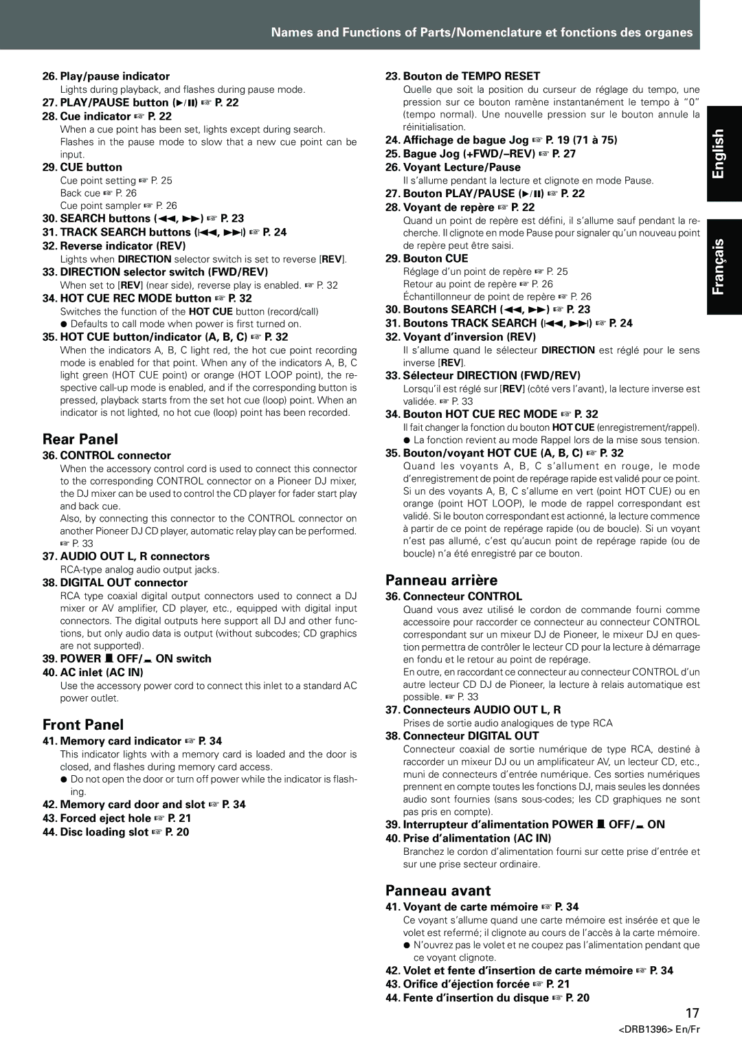 Pioneer CDJ-1000MK3 manual Rear Panel, Front Panel, Panneau arrière, Panneau avant 