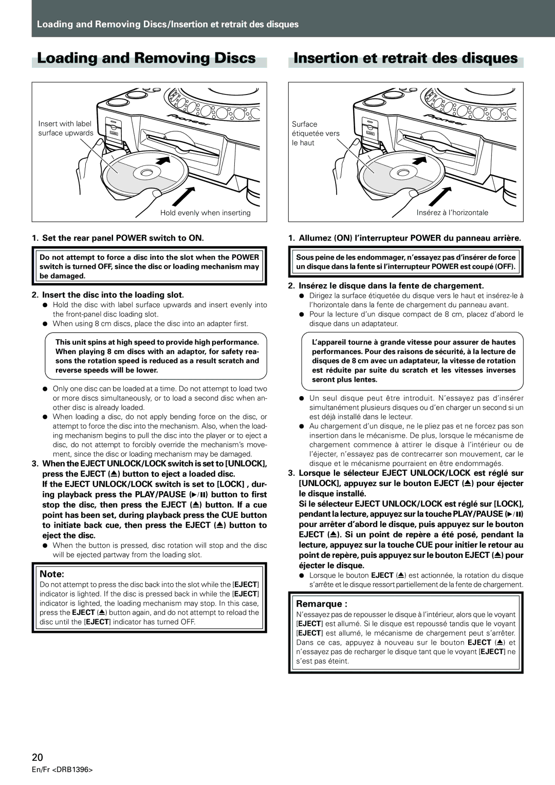 Pioneer CDJ-1000MK3 manual Loading and Removing Discs, Insertion et retrait des disques, Remarque 