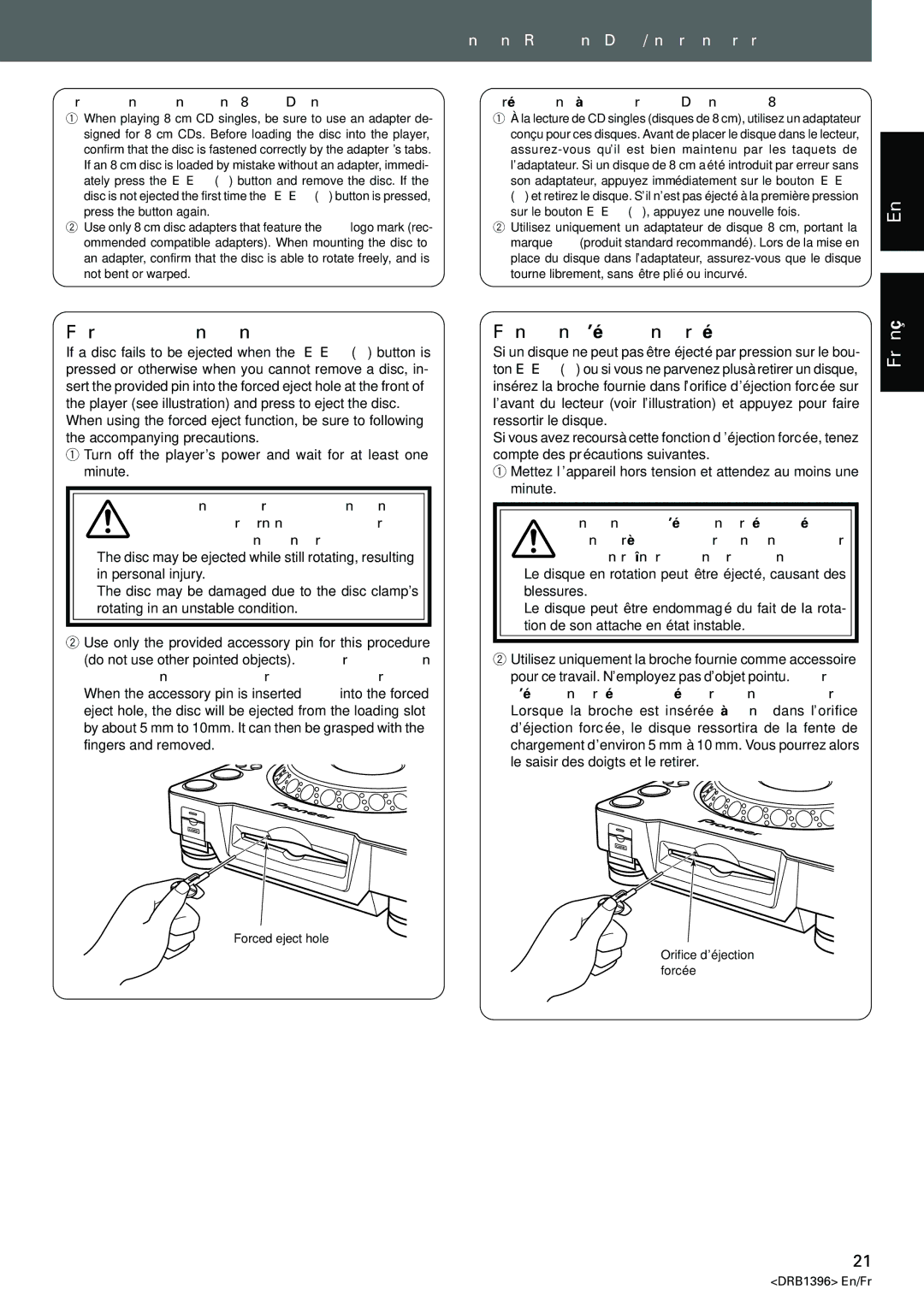 Pioneer CDJ-1000MK3 manual Forced eject function, Fonction d’éjection forcée, Precautions when playing 8 cm CD singles 