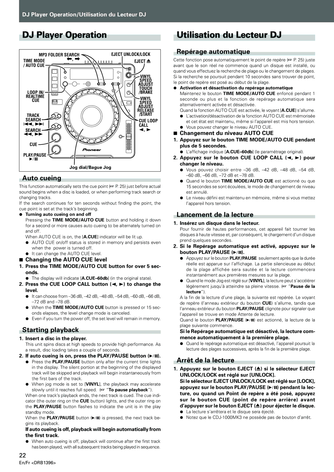 Pioneer CDJ-1000MK3 manual DJ Player Operation, Utilisation du Lecteur DJ 