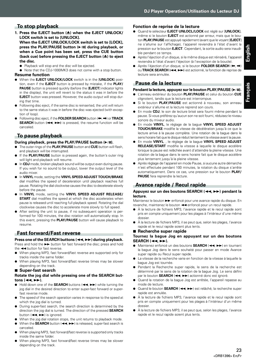 Pioneer CDJ-1000MK3 manual To stop playback, To pause playback, Fast forward/Fast reverse, Pause de la lecture 