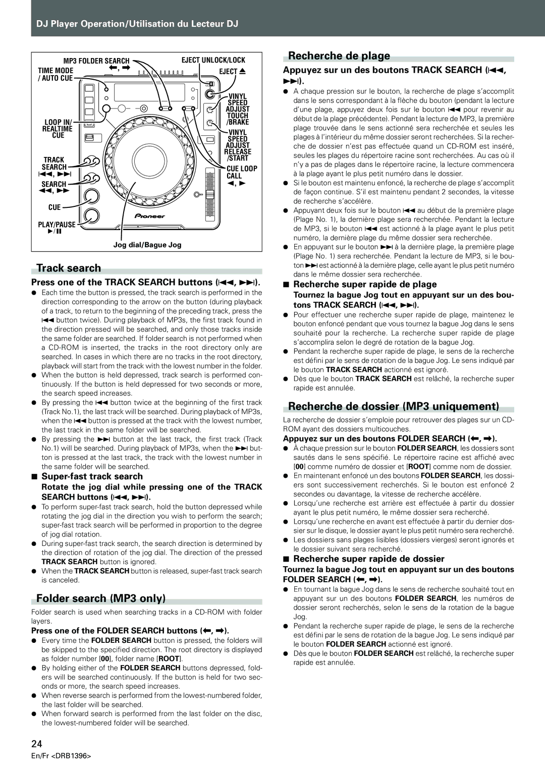 Pioneer CDJ-1000MK3 manual Track search, Folder search MP3 only, Recherche de plage, Recherche de dossier MP3 uniquement 