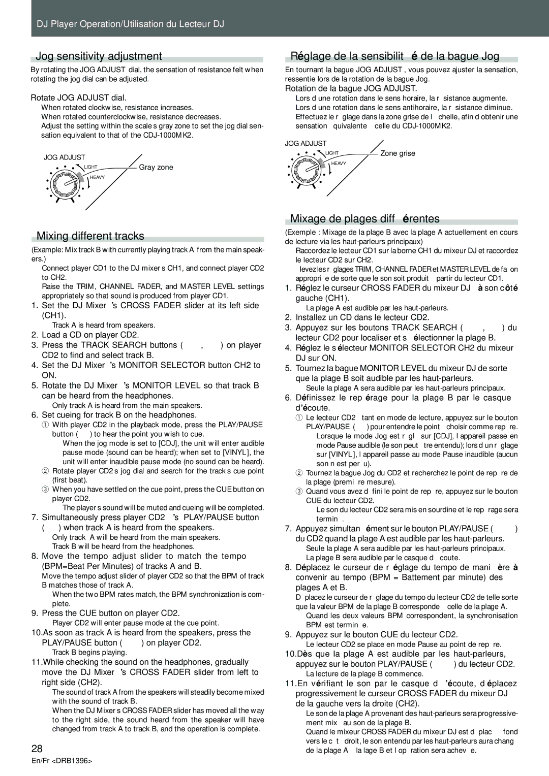 Pioneer CDJ-1000MK3 manual Jog sensitivity adjustment, Mixing different tracks, Réglage de la sensibilité de la bague Jog 