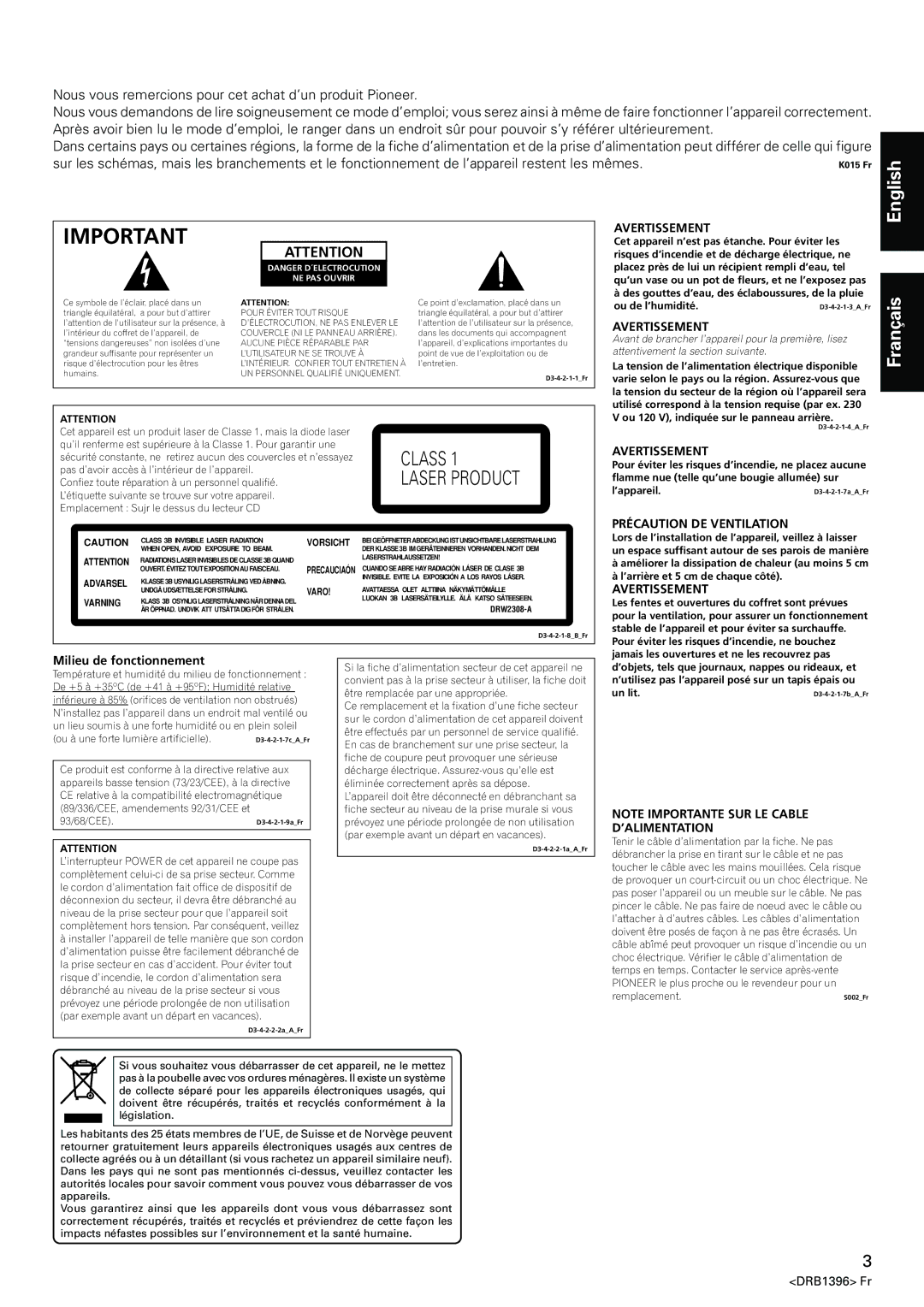 Pioneer CDJ-1000MK3 manual Milieu de fonctionnement, Avertissement, Précaution DE Ventilation 