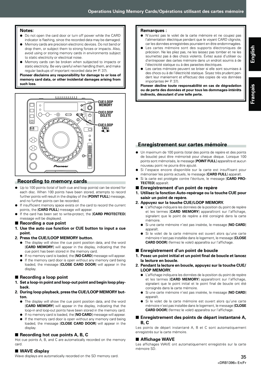 Pioneer CDJ-1000MK3 manual Recording to memory cards, Enregistrement sur cartes mémoire 