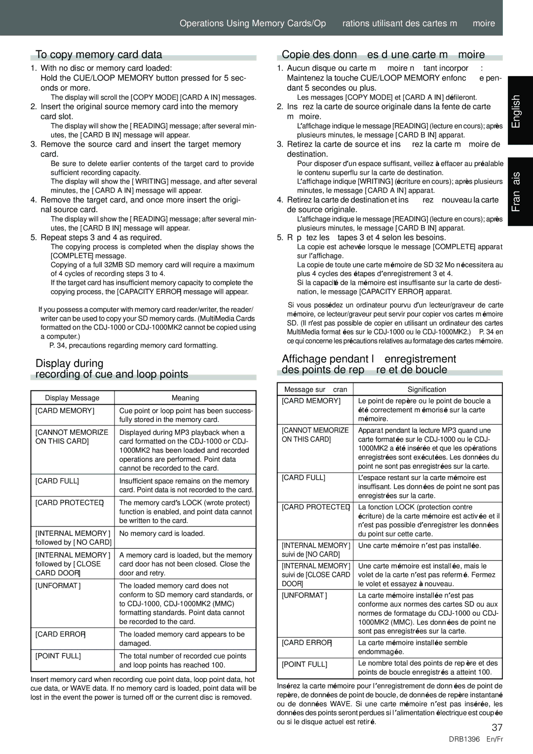 Pioneer CDJ-1000MK3 manual To copy memory card data, Display during Recording of cue and loop points 