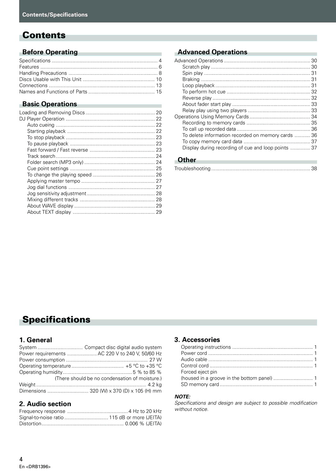 Pioneer CDJ-1000MK3 manual Contents, Specifications 