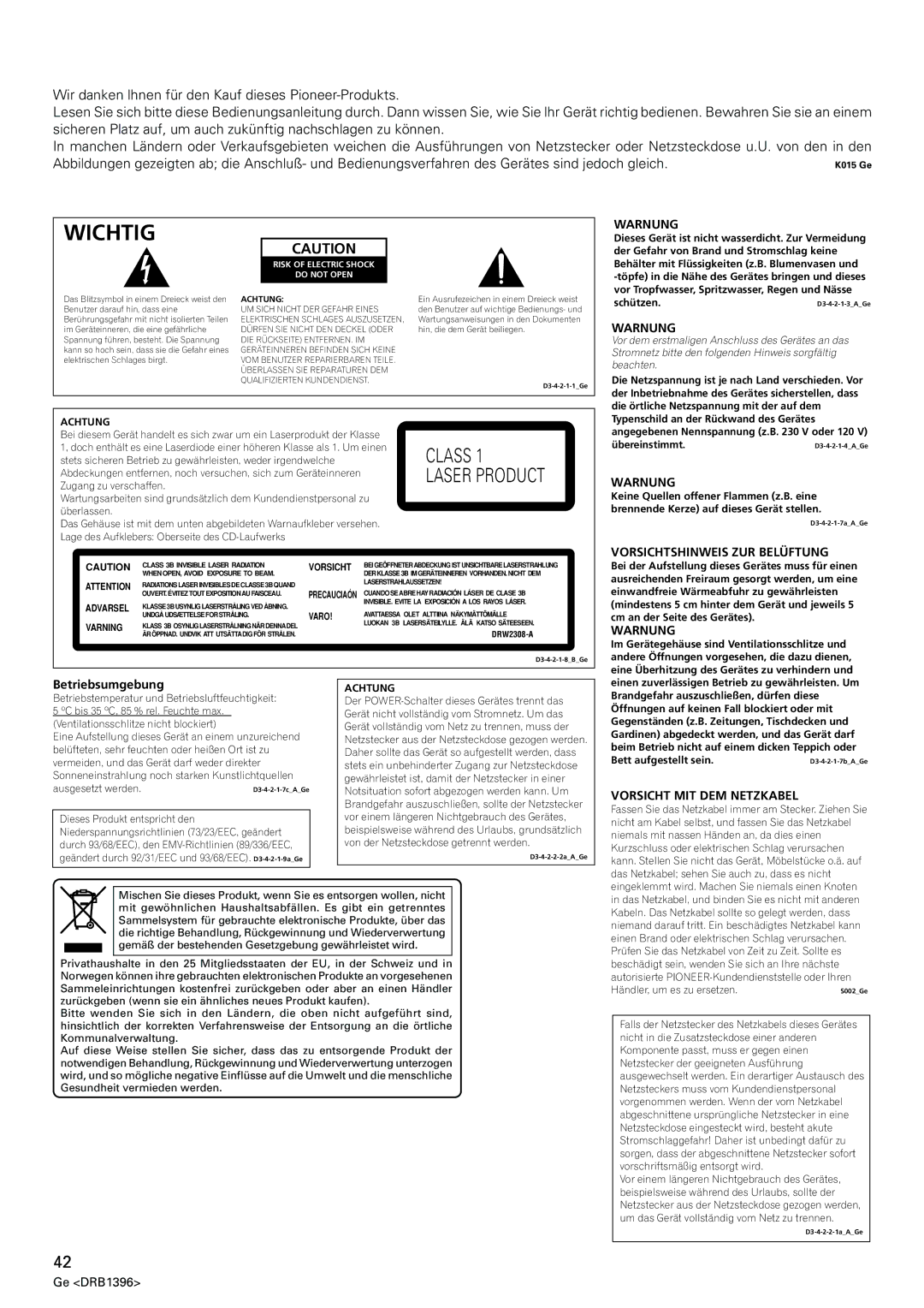 Pioneer CDJ-1000MK3 manual Warnung, Vorsichtshinweis ZUR Belüftung, Betriebsumgebung, Vorsicht MIT DEM Netzkabel 