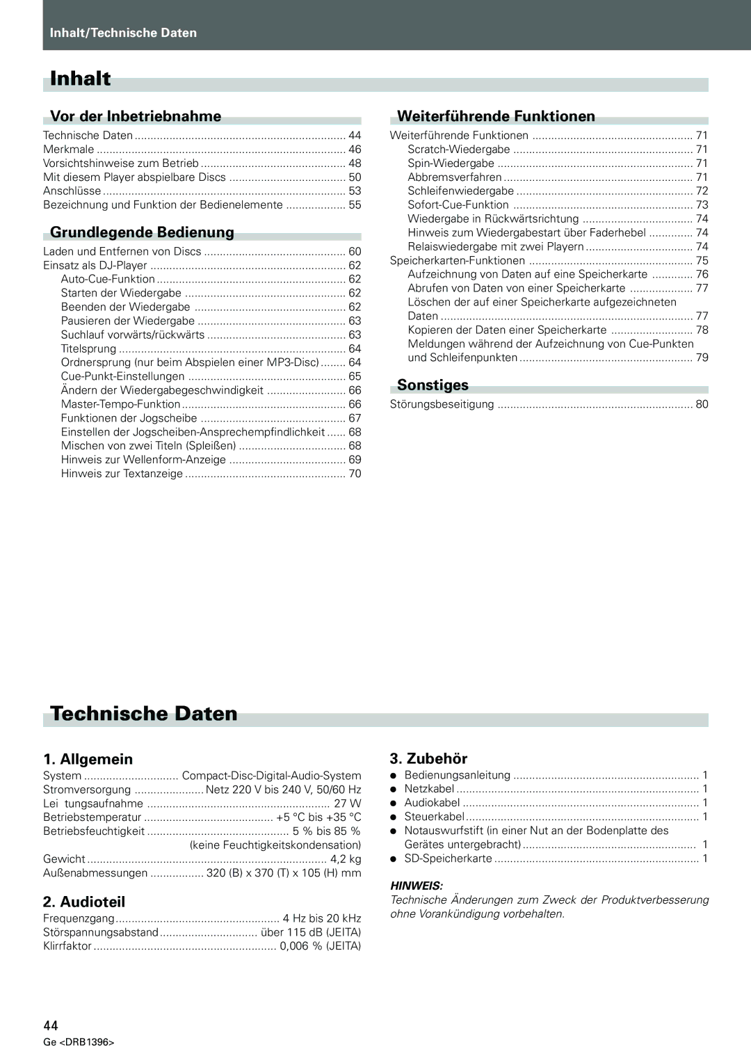 Pioneer CDJ-1000MK3 manual Inhalt, Technische Daten 