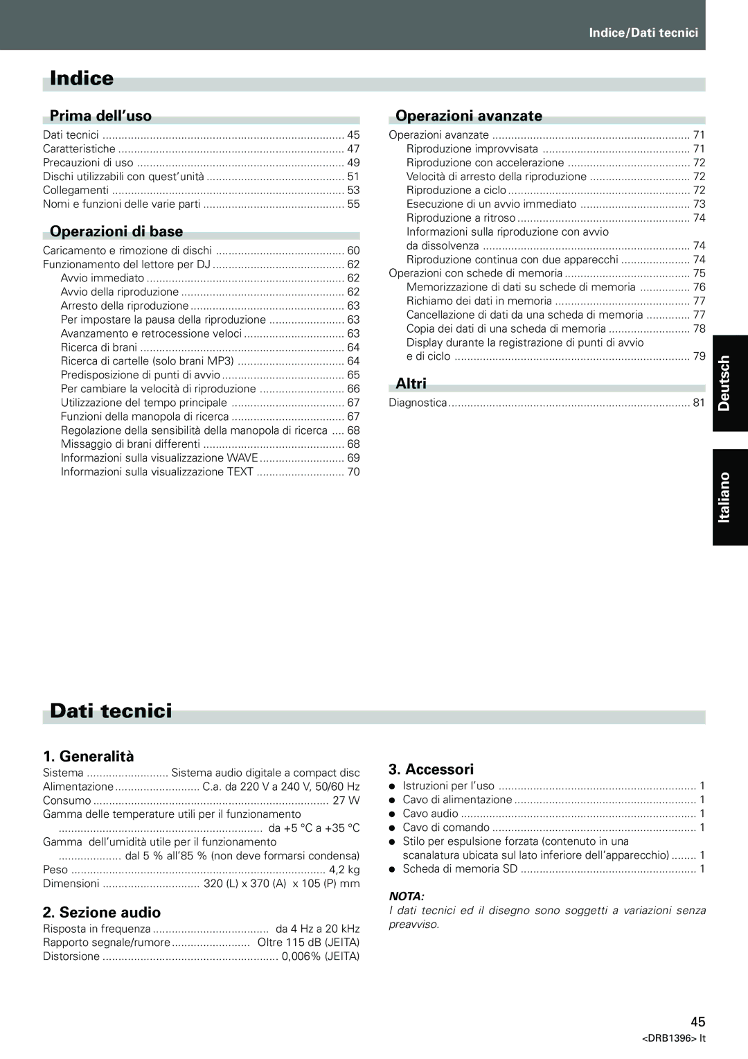 Pioneer CDJ-1000MK3 manual Indice, Dati tecnici 