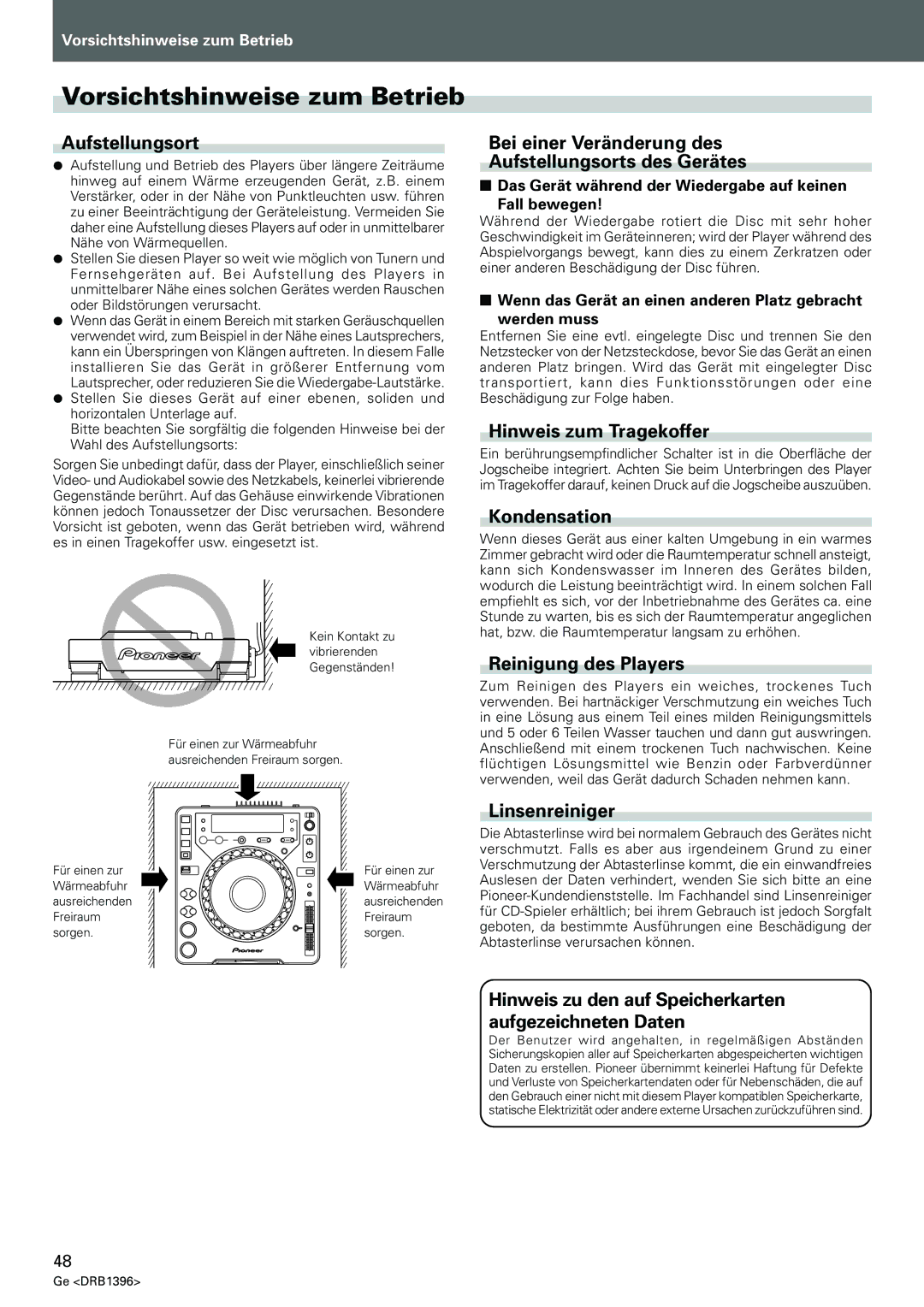 Pioneer CDJ-1000MK3 manual Vorsichtshinweise zum Betrieb 