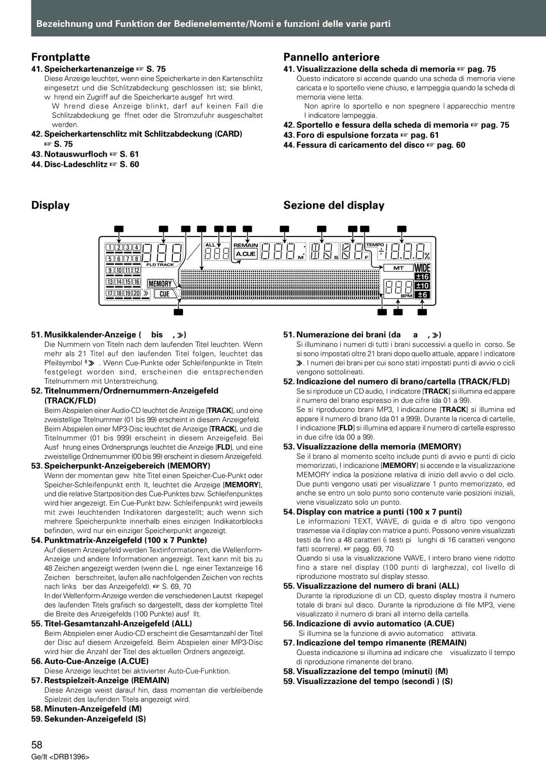 Pioneer CDJ-1000MK3 manual Frontplatte, Pannello anteriore, Display, Sezione del display 