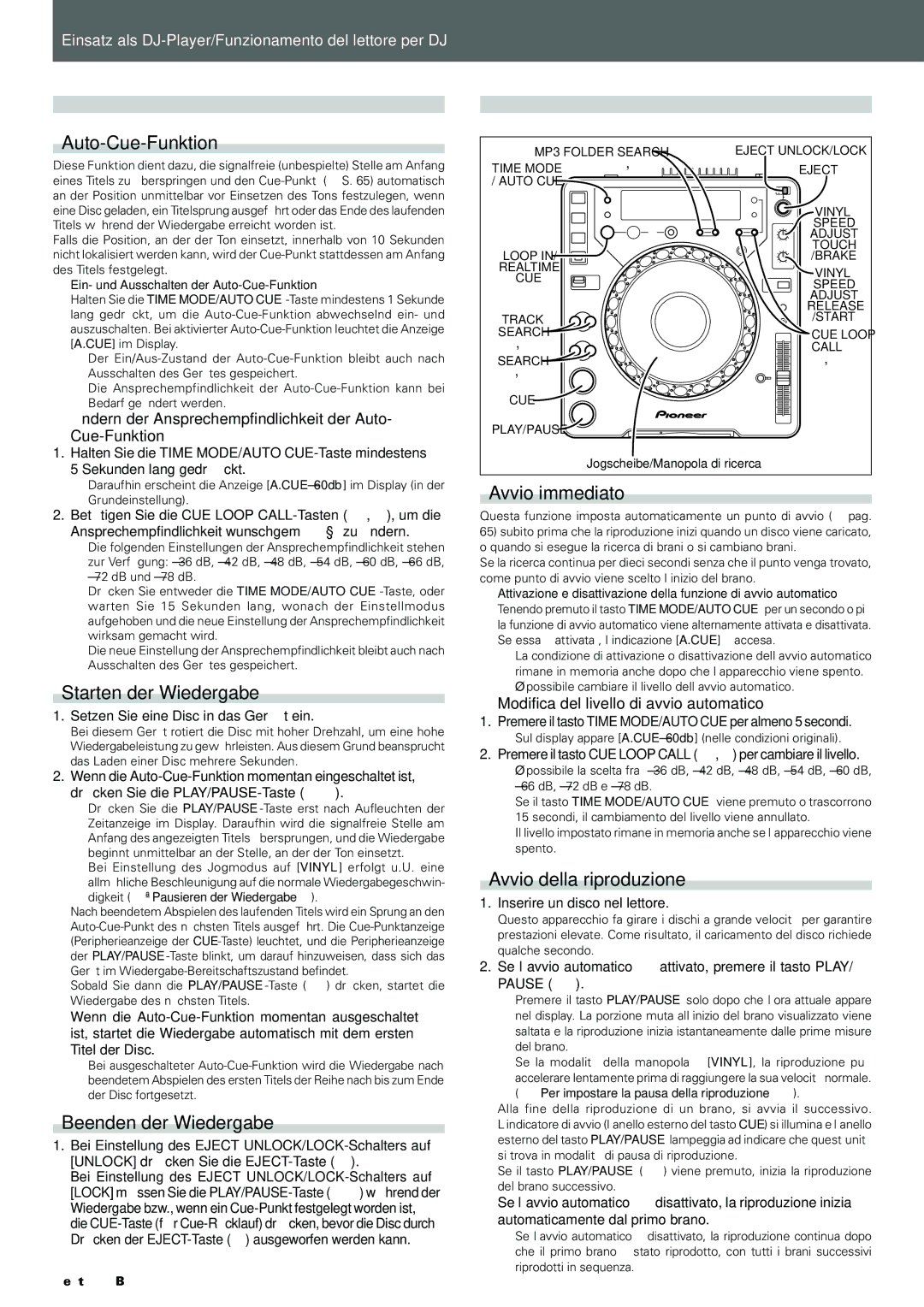 Pioneer CDJ-1000MK3 manual Einsatz als DJ-Player, Funzionamento del lettore per DJ 