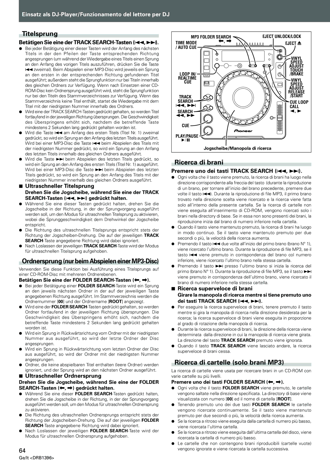 Pioneer CDJ-1000MK3 manual Titelsprung, Ricerca di brani, Ricerca di cartelle solo brani MP3 