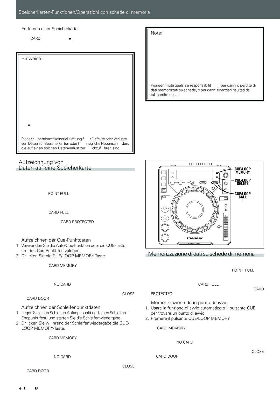 Pioneer CDJ-1000MK3 manual Aufzeichnung von Daten auf eine Speicherkarte, Memorizzazione di dati su schede di memoria 