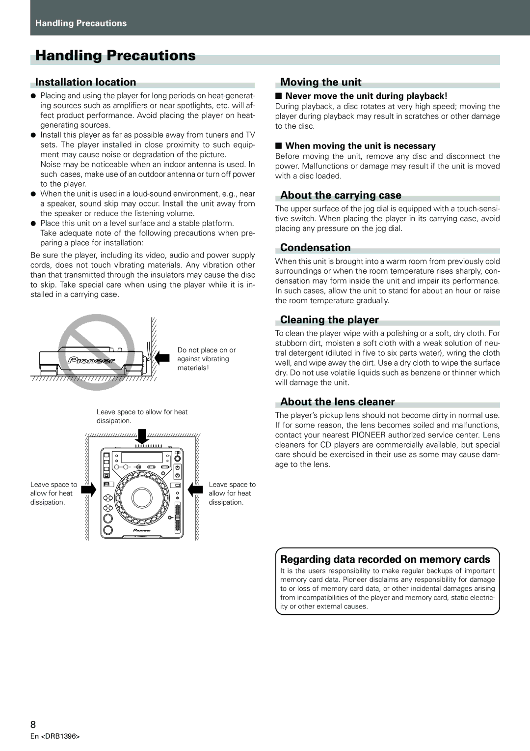 Pioneer CDJ-1000MK3 manual Handling Precautions 