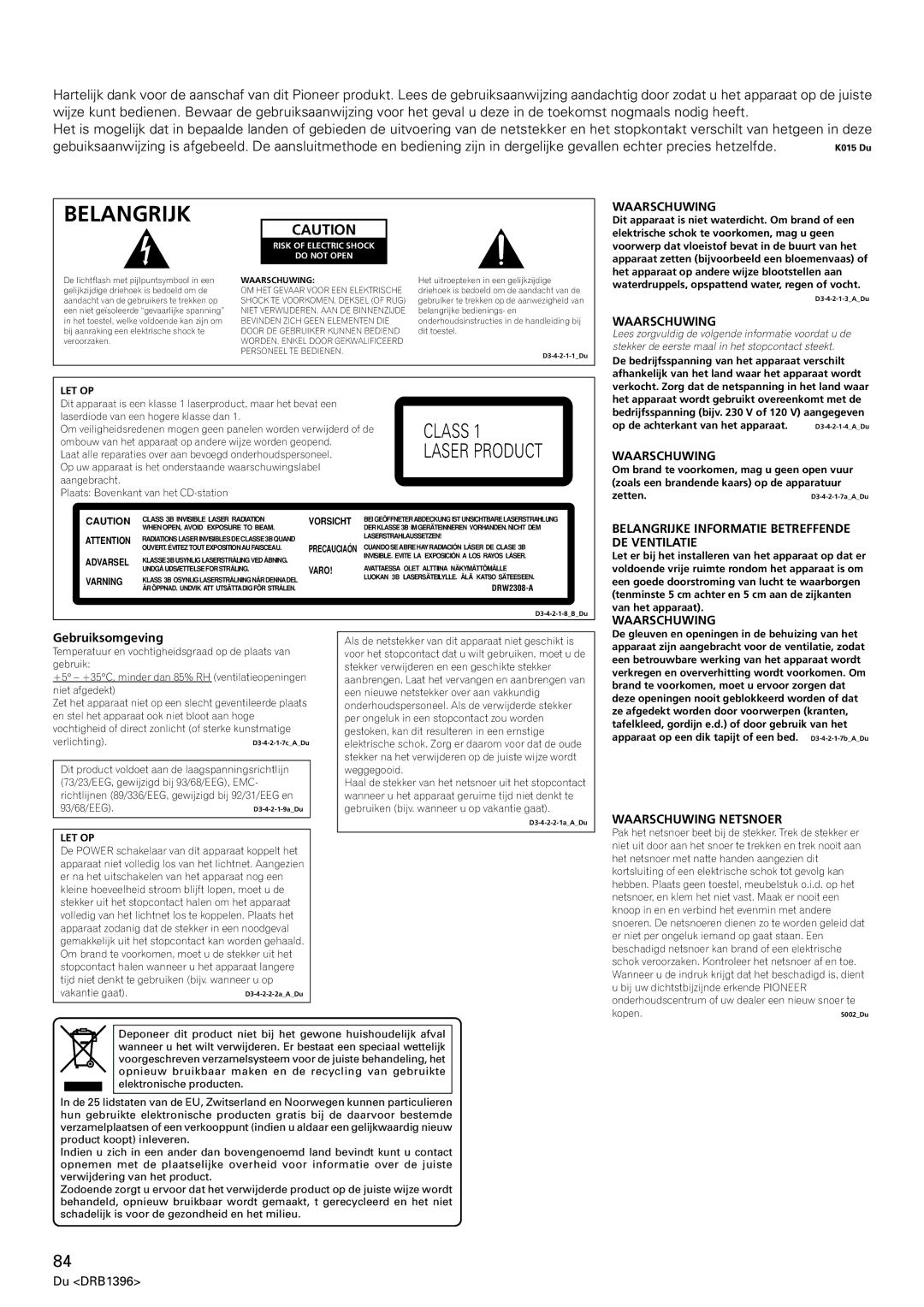 Pioneer CDJ-1000MK3 manual Waarschuwing, Belangrijke Informatie Betreffende DE Ventilatie, Gebruiksomgeving 