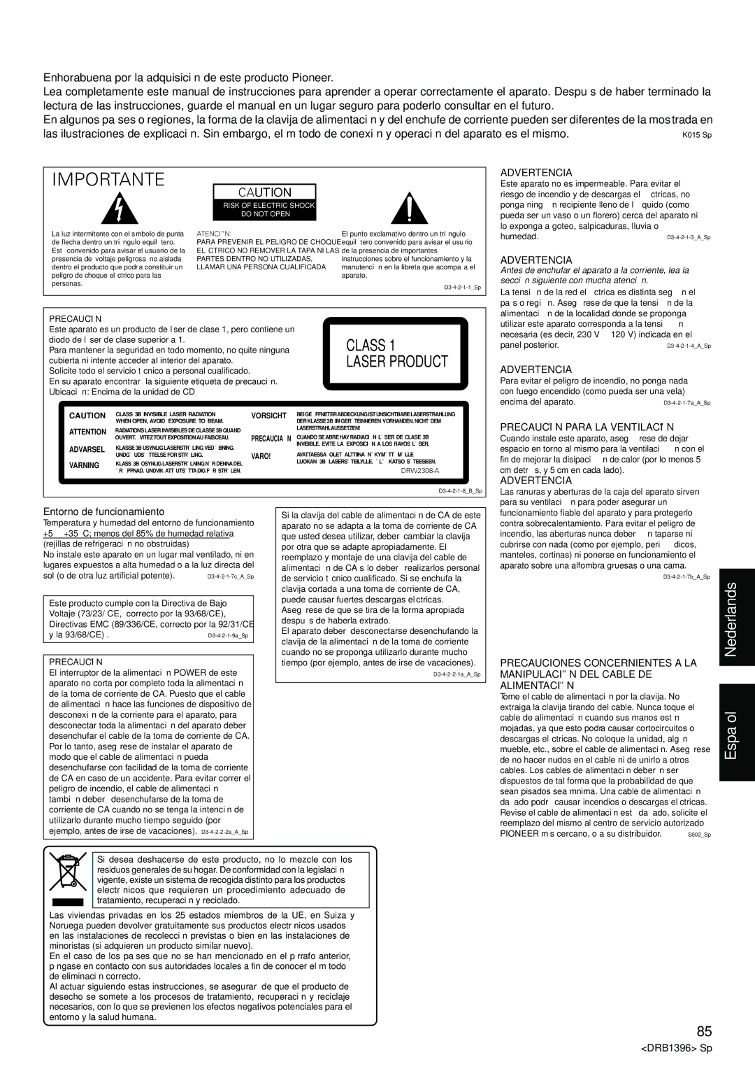 Pioneer CDJ-1000MK3 manual Advertencia, Entorno de funcionamiento, Precaución Para LA Ventilación 