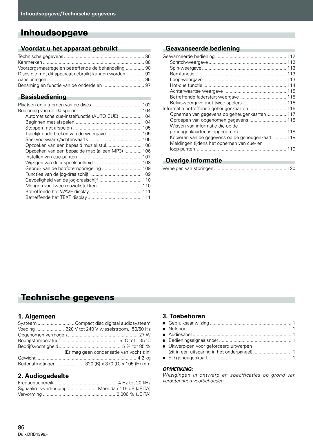 Pioneer CDJ-1000MK3 manual Inhoudsopgave, Technische gegevens 